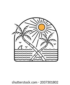 Simple design summer beach in mono line art, patch badge design, emblem design, T-Shirt Design