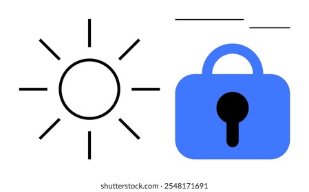 Diseño simple con sol a la izquierda y cerradura azul a la derecha. Ideal para seguridad, protección, privacidad, seguridad y confianza. Estilo minimalista