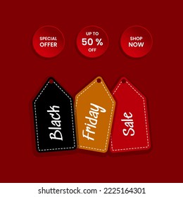 Simple design template for black friday sale with price tag and white typography. red, black, white and gold. use for flyer, banner, promotion, advertising, web, social and fashion ads