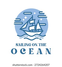 Modelo de design simples limpo azul emblema náutico com um veleiro em ondas com nuvens e estrelas; adequado para viagens, passeios, identidade marítima e materiais promocionais.