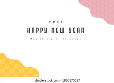 Simple design template. Modern  Arranged Japanese Traditional checkered pattern, Ichimatsu, and Asanoha. Minimal Yellow or Gold and pink color on white background with 2021 and new years greeting text