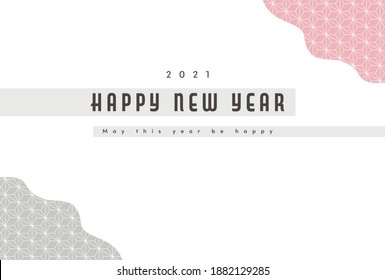 Einfache Design-Vorlage. Modern arrangierte japanische Traditionelle Hanfblattmuster, Asanoha. Minimale Rosa und Grau Farbe auf weißem Hintergrund mit 2021 und neuen Jahren Grußtext.