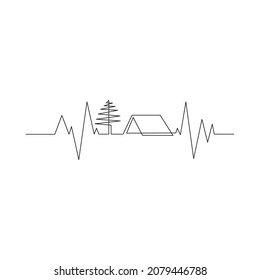 diseño simple de árbol y carpa de camping al estilo cardiograma