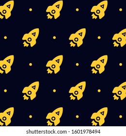 simple design two color yellow rocket on dark purple background.