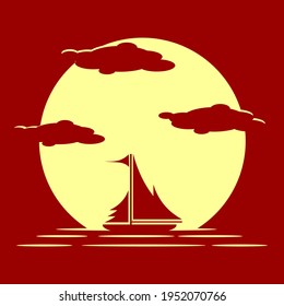 simple design vector of ship at sunset
