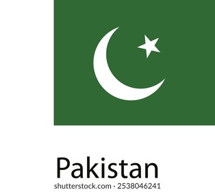 A simple design of a white crescent moon and a five-pointed star on a green background, representing the flag of Pakistan.