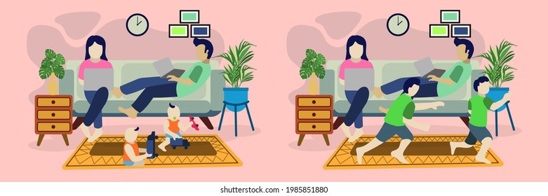 Simple design working at home with her two twins
