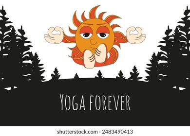 Simple design for Yoga center. Yogi Sun character isolated white. Cute Summer aesthetic vector illustration. EPS 10