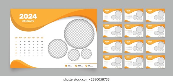 Simple designed 12 pages desk calendar of 2024 with accurate date format and image placeholder