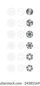 Simple designs based on the Flower of Life. Made from circles and curved lines. A step-by-step guide from the flower of life to the line drawing and gradient-filled shapes.
