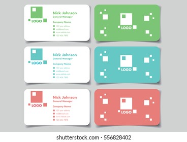 Simple designs for business name card in green, blue and red color. Vector illustration of mock up in front and back view isolated on plain background.