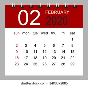 Simple desk calendar for February 2020. Week starts Sunday. Isolated vector illustration.