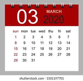 Simple desk calendar for March 2020. Week starts Sunday. Isolated vector illustration.