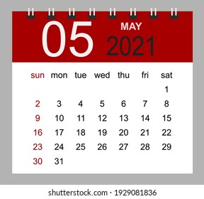 Simple desk calendar for May 2021. Week starts Sunday. Isolated vector illustration.