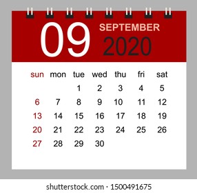 Simple desk calendar for September 2020. Week starts Sunday. Isolated vector illustration.
