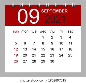 Simple desk calendar for September 2021. Week starts Sunday. Isolated vector illustration.