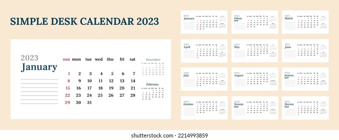 Simple Desk Horizontal Calendar 2023. Et Of 12 Months, Cover And One Sheet Of The Year. Week Start On Sunday. Vector Minimalist Template