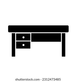 Simple desk icon from front view vector silhouette drawing isolated on white square background. Simple flat outlined icon with minimalist style.
