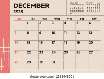 Simple desktop calendar for 2025: December, with writing space