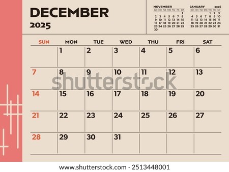 Simple desktop calendar for 2025: December, with writing space