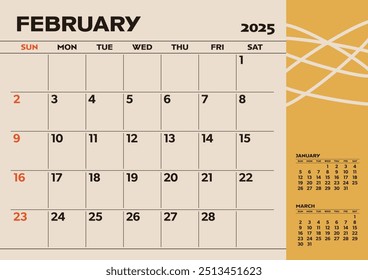 Simple desktop calendar for 2025: February, with writing space