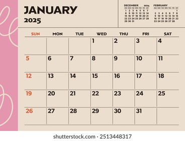Simple desktop calendar for 2025: January, with writing space	