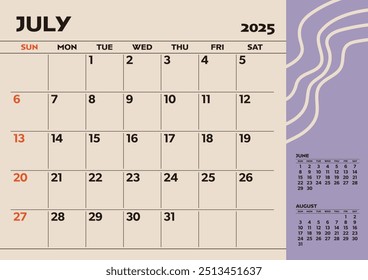 Calendário de desktop simples para 2025: julho, com espaço para escrever	