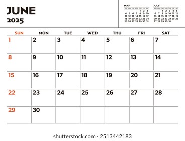 Calendário de desktop simples para 2025: junho, com espaço para escrever	