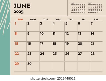 Einfacher Desktop-Kalender für 2025: Juni mit Schreibbereich	