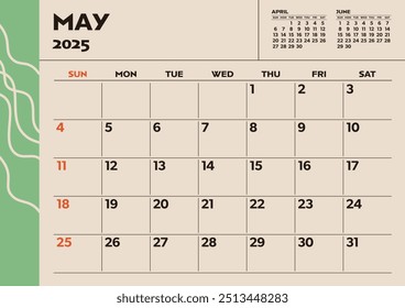 Simple desktop calendar for 2025: May, with writing space	