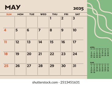 Calendário de desktop simples para 2025: maio, com espaço para escrever	
