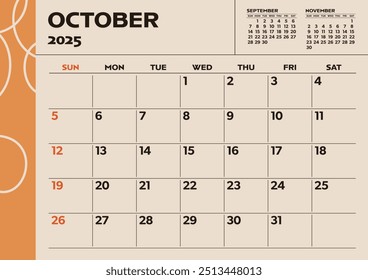 Simple desktop calendar for 2025: October, with writing space	