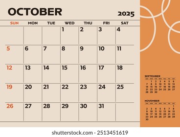 Calendário de desktop simples para 2025: outubro, com espaço para escrita	