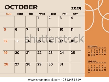 Simple desktop calendar for 2025: October, with writing space	