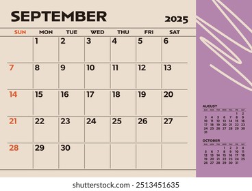 Calendário de desktop simples para 2025: setembro, com espaço para escrever