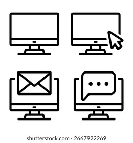 Simple desktop computer outline icons. Set of vector line art symbols for web, communication, and technology concepts