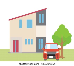 Simple detached house, house, building and car and garden illustration, vector data