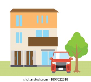 Simple detached house, house, building and car and garden illustration, vector data