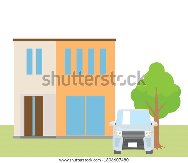 Simple detached house, house, building and\
car and garden illustration, vector\
data