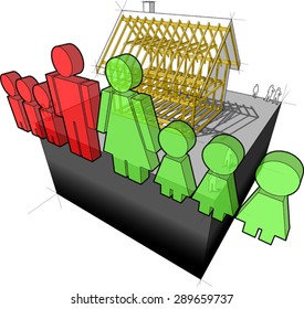 simple detached house with wooden framework construction and "family" sign composed of man and wife and six children