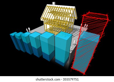 simple detached house with wooden framework construction with abstract business diagram and hand drawn sketch over last diagram bar