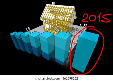 simple detached house with wooden framework construction with rising abstract business diagram and hand drawn note 2015 over last diagram bar
