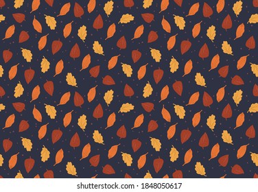 Sencillo patrón de otoño detallado en tonos anaranjados sobre fondo azul oscuro. Estilo de dibujos animados Doodle.