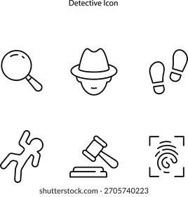 Icono detective simple establecido en estilo de contorno sobre un fondo blanco