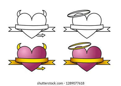 Simple devil and angel hearts with a banner in two versions - black and white line art (no white background) and colorful one (pink/red heart with gold banner). Each one isolated.