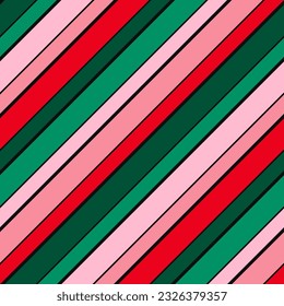 Simple diagonal stripes vector seamless pattern. Funky texture in trendy summer colors, green, pink, red. Abstract striped background with parallel slanted lines. Repeat geo design for decor, wrapping