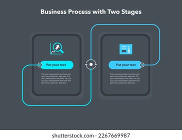 Simple diagram for business process with two stages - dark version. Simple flat template for data visualization.