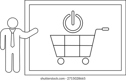 A simple diagram shows a figure presenting a shopping cart with a power button above it within a framed display