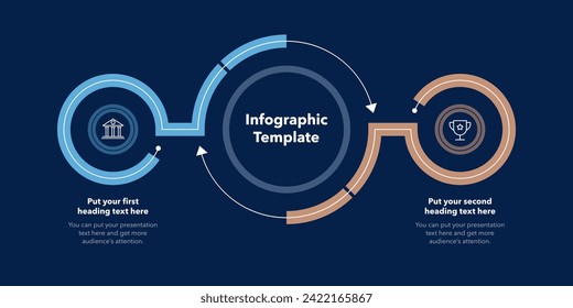 Simple diagram with two stages with icons and a place for your text - dark version. Flat infographic design for website, marketing or promotion.