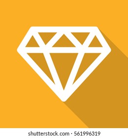 Simple diamond icon in flat design. Vector illustration. White sign of diamond with long shadow.